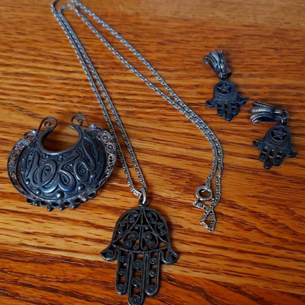 Hamsa necklace,pin and clip on earrings.